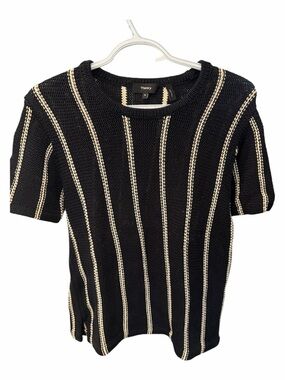 Theory Black Short Sleeve Knit Top with Cream Stripes - Size 6 - Like New